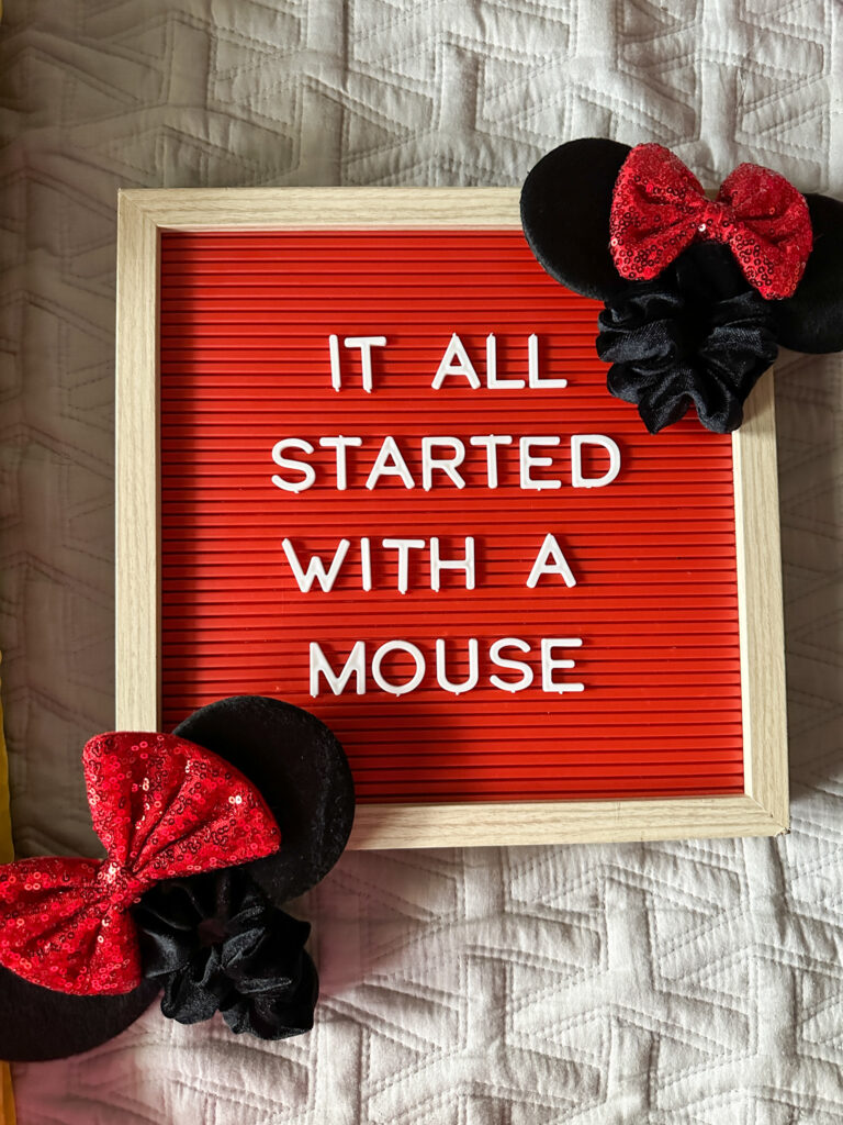 short quotes about Disney World on letter board with two Minnie Mouse scrunchies on side - Minnie Mouse quotes