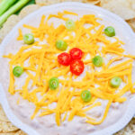 TikTok boat dip - sour cream taco seasoning dip - in a white serving plate with green onions to the side