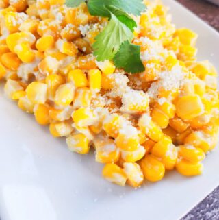 slow cooker elote casserole piled on a serving plate