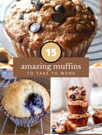 muffins breakfast treats for work in a collage with a text box