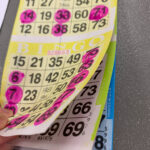 woman shows funny Bingo puns and jokes along with a marked Bingo booklet