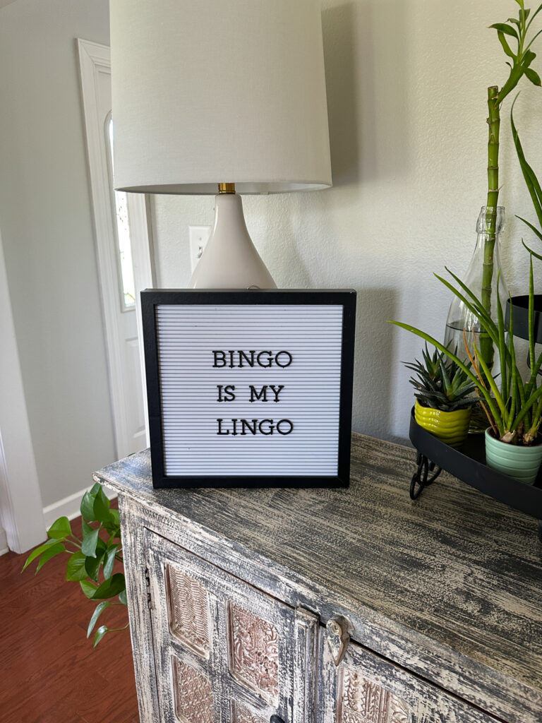 funny Bingo letter board on table with plants