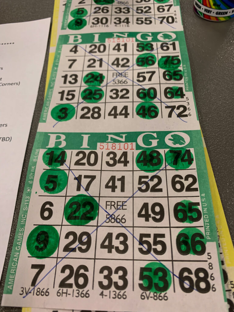 Bingo cards marked up for night of funny Bingo puns and Bingo jokes