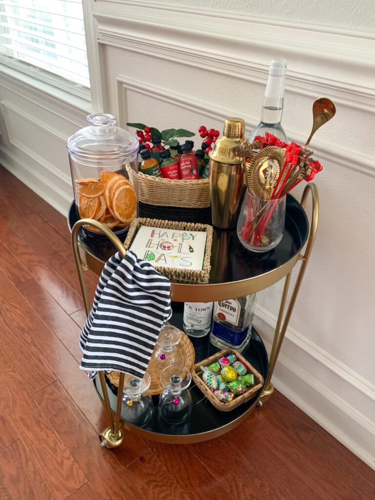Christmas bar cart in front of window wall