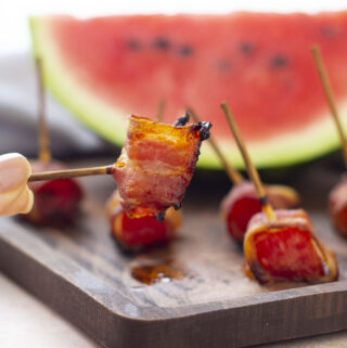 air fryer watermelon bacon on a wood board