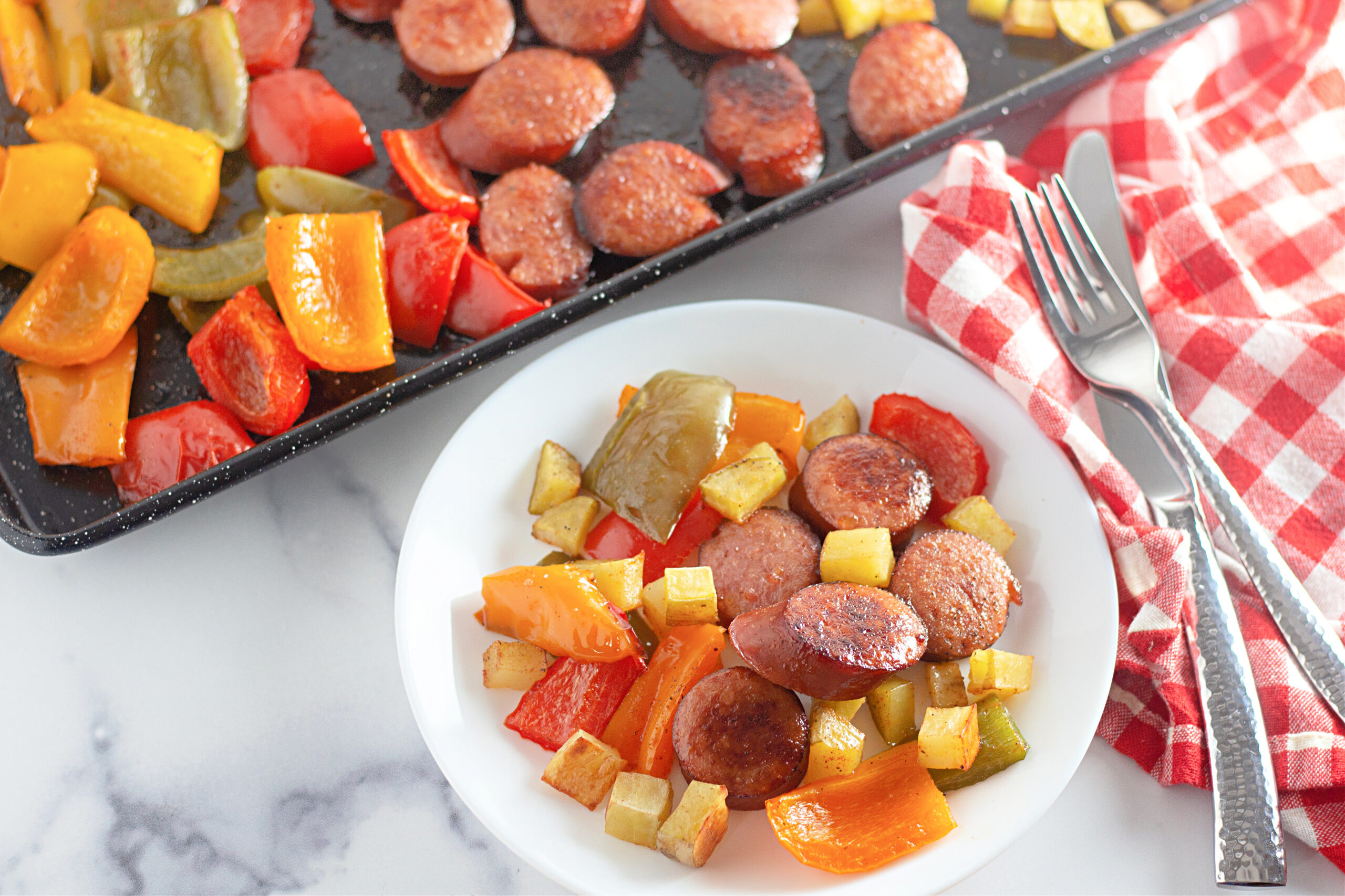 Simple Kielbasa Sheet Pan with Potatoes and Peppers