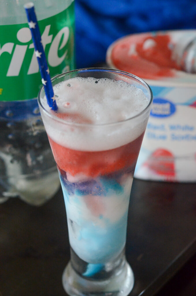 patriotic Sprite float with Red, White, and Blue Sorbet and Sprite bottle in back