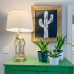 indoor plant styling tips for a group of snake plants on a green cabinet with a cactus artwork