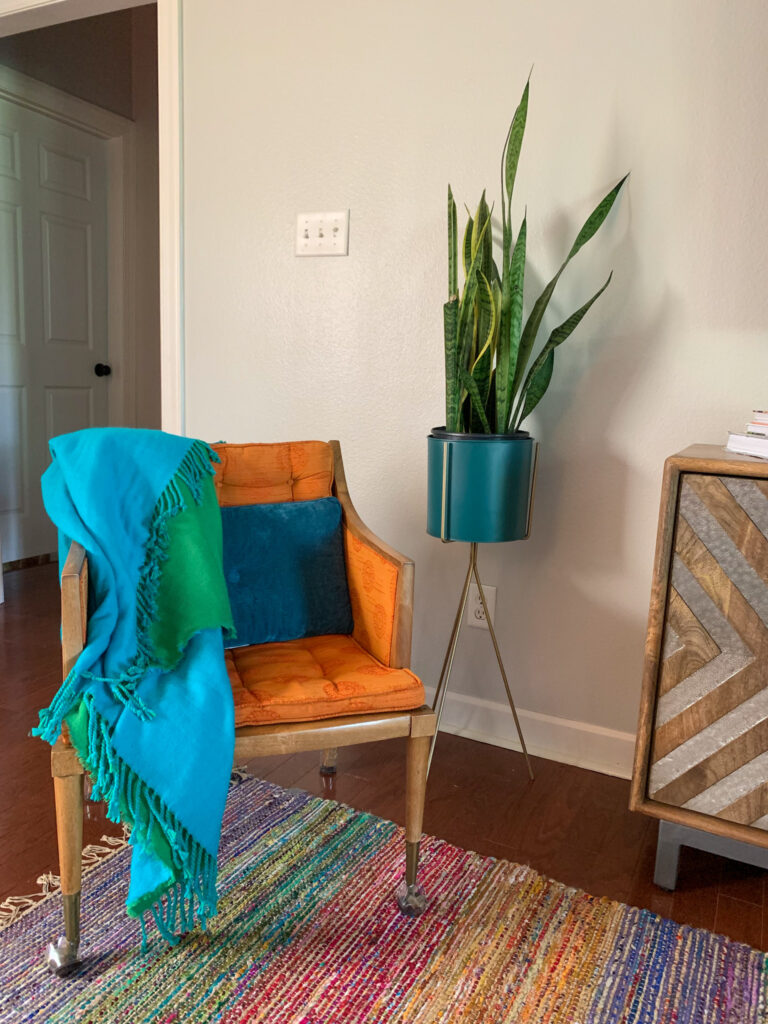 indoor plant styling with snake plant in turqouise pot and orange vintage chair