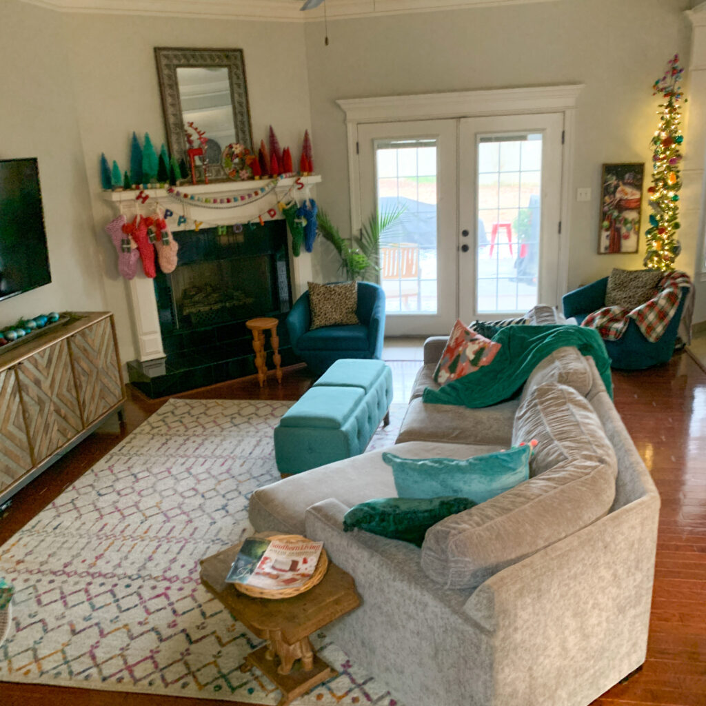 Merry and Bright holiday decor in living room