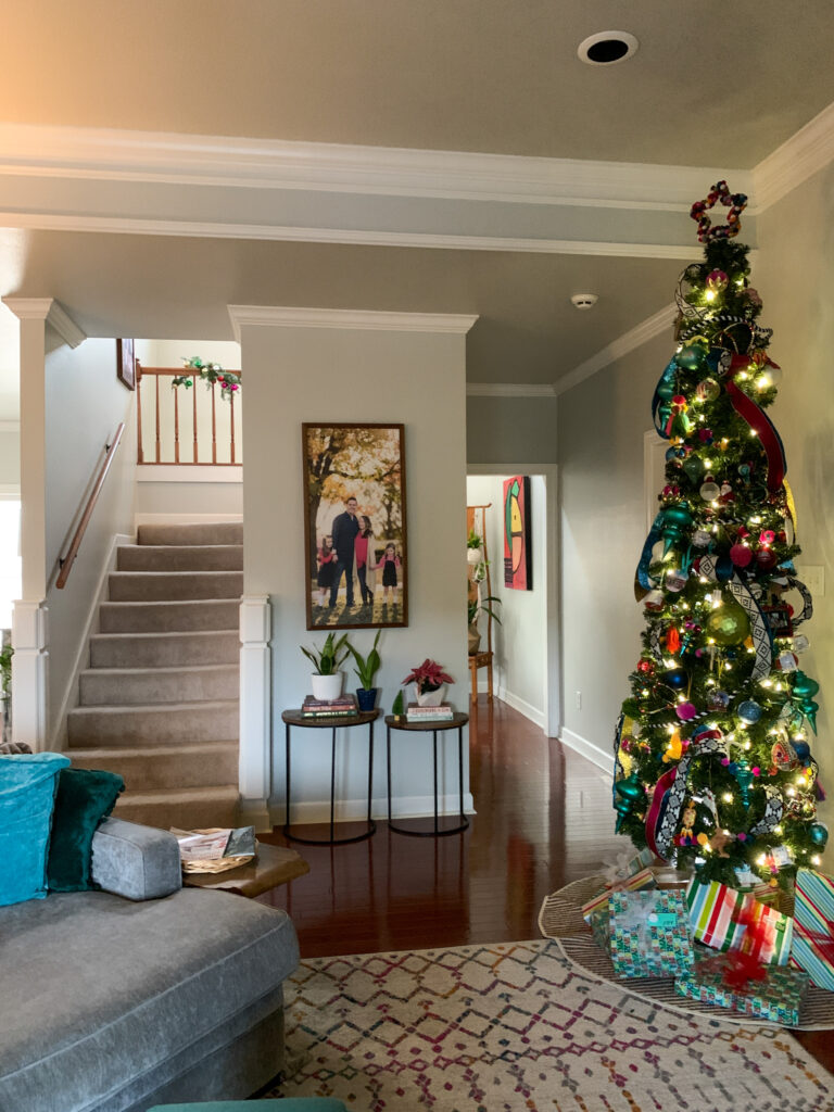 Merry and Bright Christmas decor on a medium pencil tree
