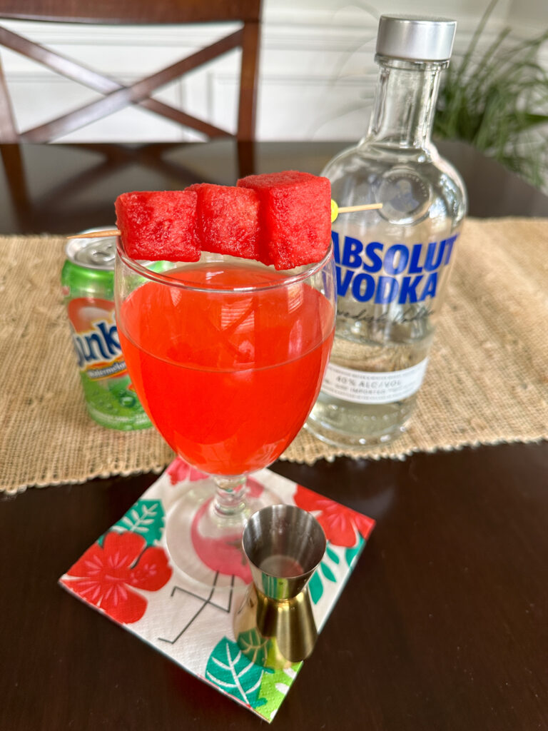 watermelon lemonade vodka cocktail with fresh watermelon on top