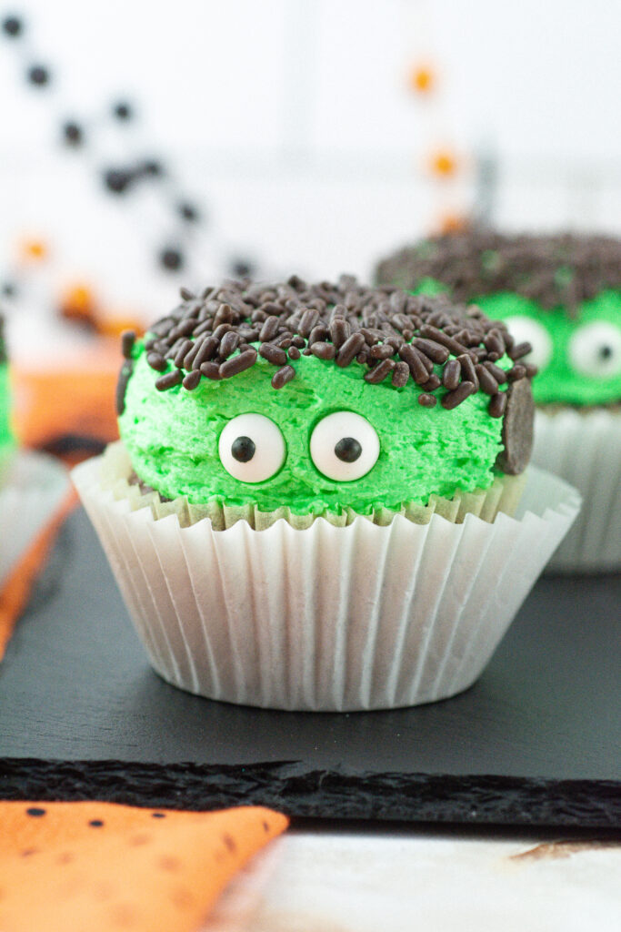 Frankenstein cupcakes in cupcake liners
