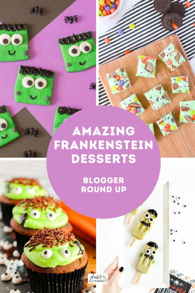 Frankenstein dessert recipes in a collage with a text circle