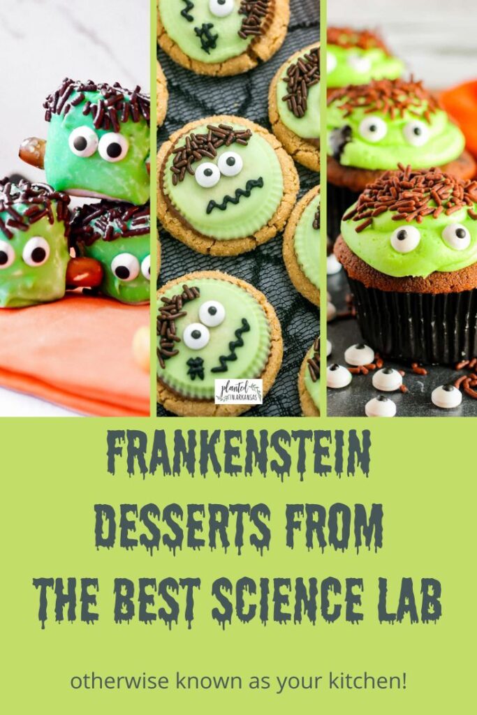 collage image of Frankenstein dessert recipes with a text box at bottom