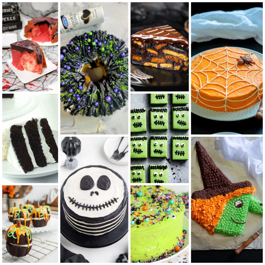 easy Halloween cake recipes and designs in a square collage image
