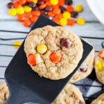 Reese's Pieces peanut butter cookies with one on spatula