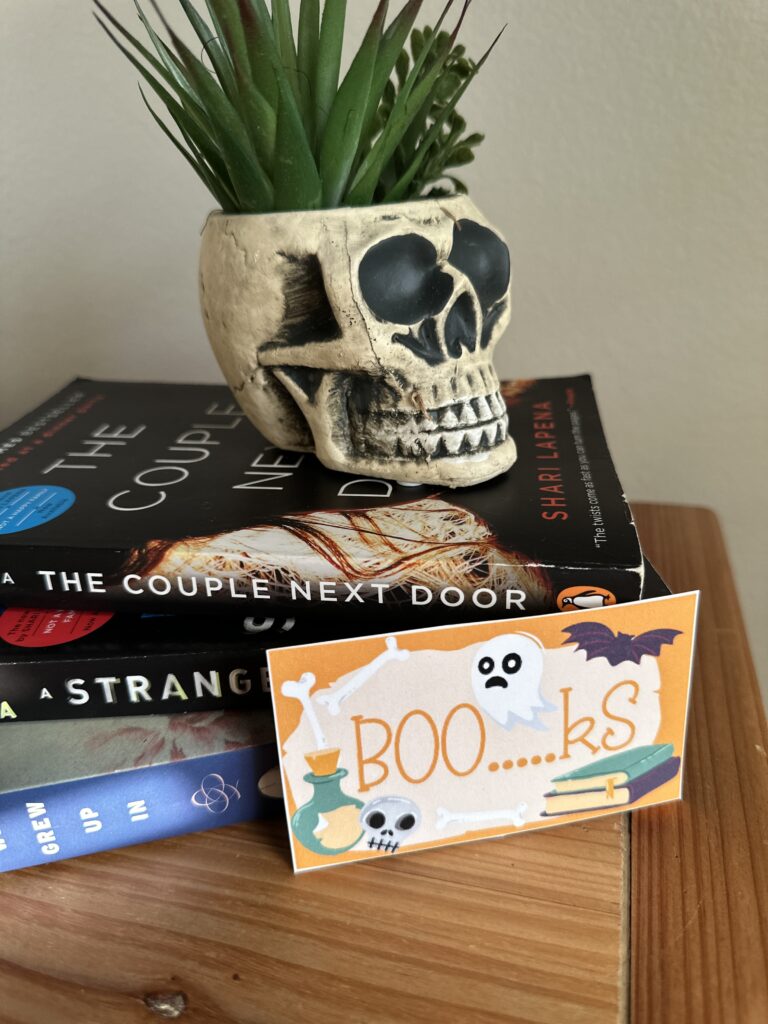 a you've been BOOked stack of books with skull plant pot and gift tag