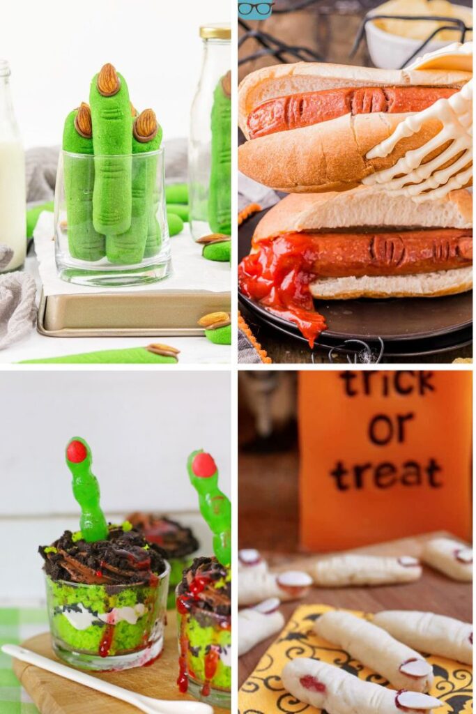 Halloween fingers recipes with witch finger cookies, finger hot dogs and finger zombie cups