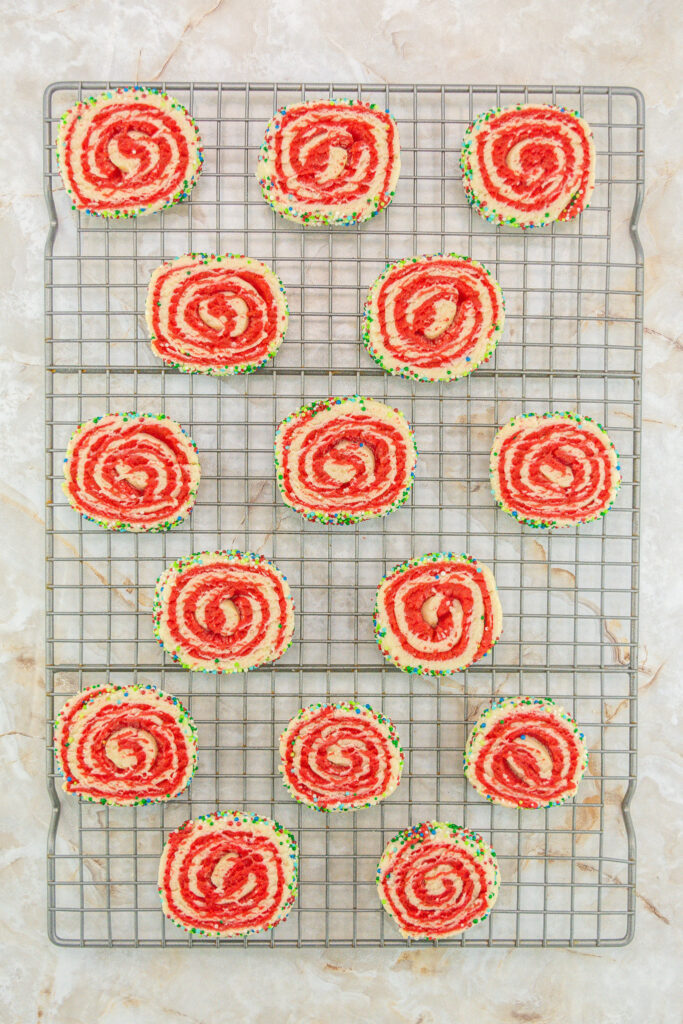holiday sugar cookies with swirls on baking rack