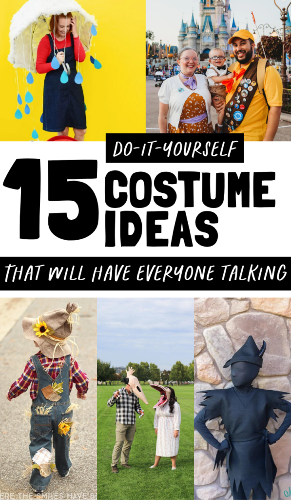 DIY costumes for Halloween including Up costumes, DIY scarecrow, Peter Pan shadow man costume, and raincloud and rainbow dog