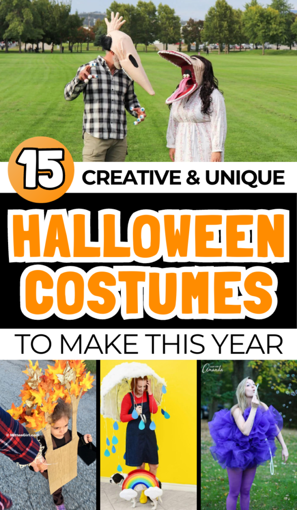 DIY costumes for Halloween in collage image with large text box in center
