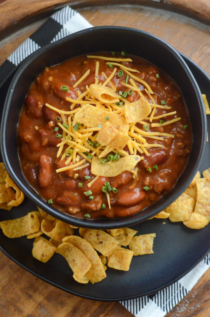 overhead view of slow cooker three bean chili with beef