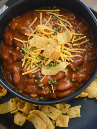 slow cooker three bean chili with beef - top down view