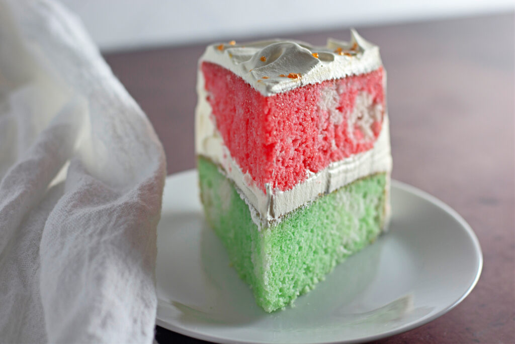front view of Christmas Jello cake with layers