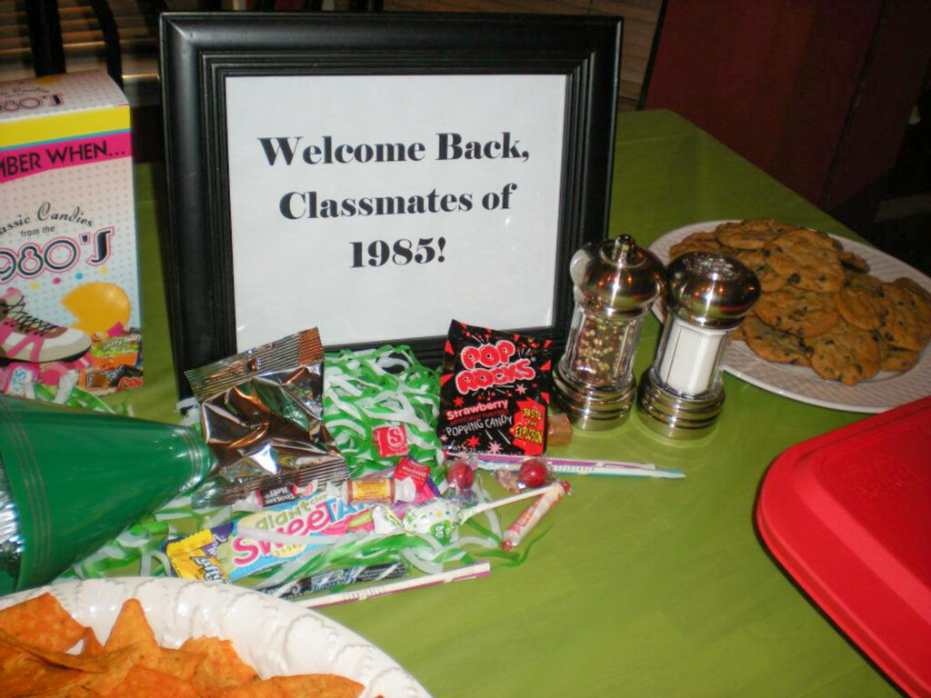1980s party food on table with sign