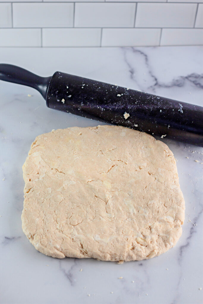 dough and rolling pin on counter