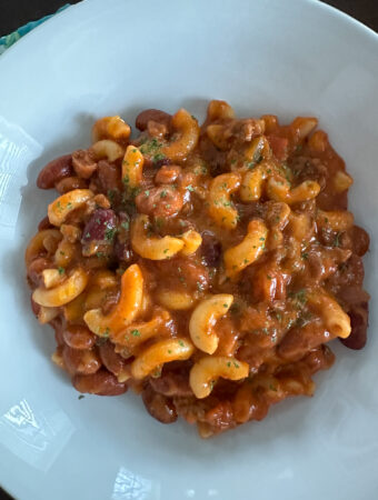 easy leftover chili mac with white bowl