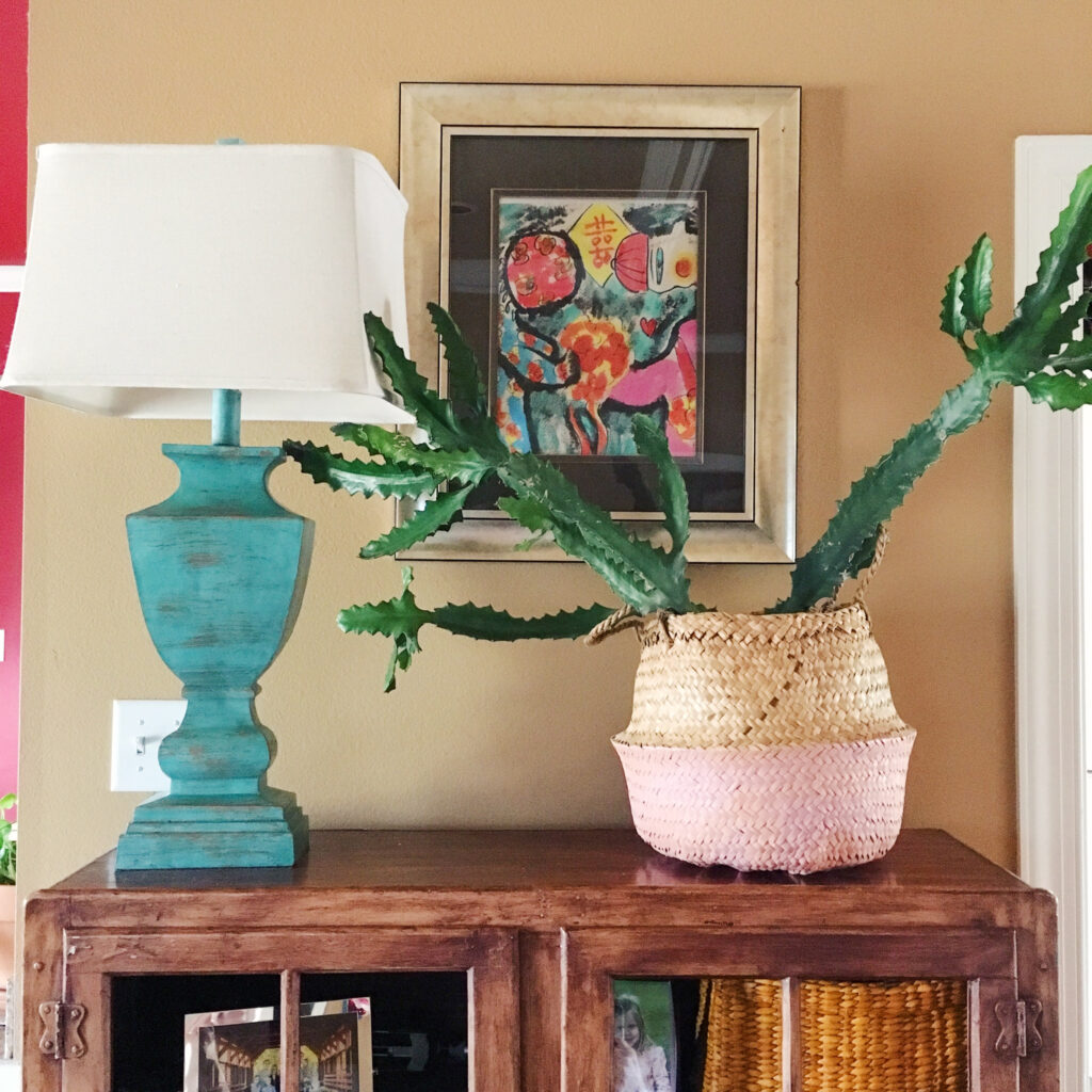 an African milk tree in a pink basket on a shelf with turquoise lamp