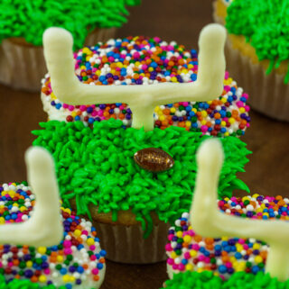 football cupcakes with white chocolate goal posts for game day parties