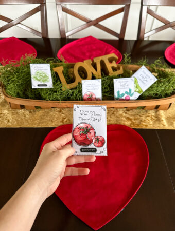 woman holds free Valentine gifts for gardeners in front of table