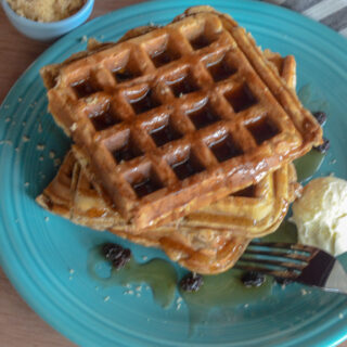 oatmeal raisin waffles with blue plate and fork