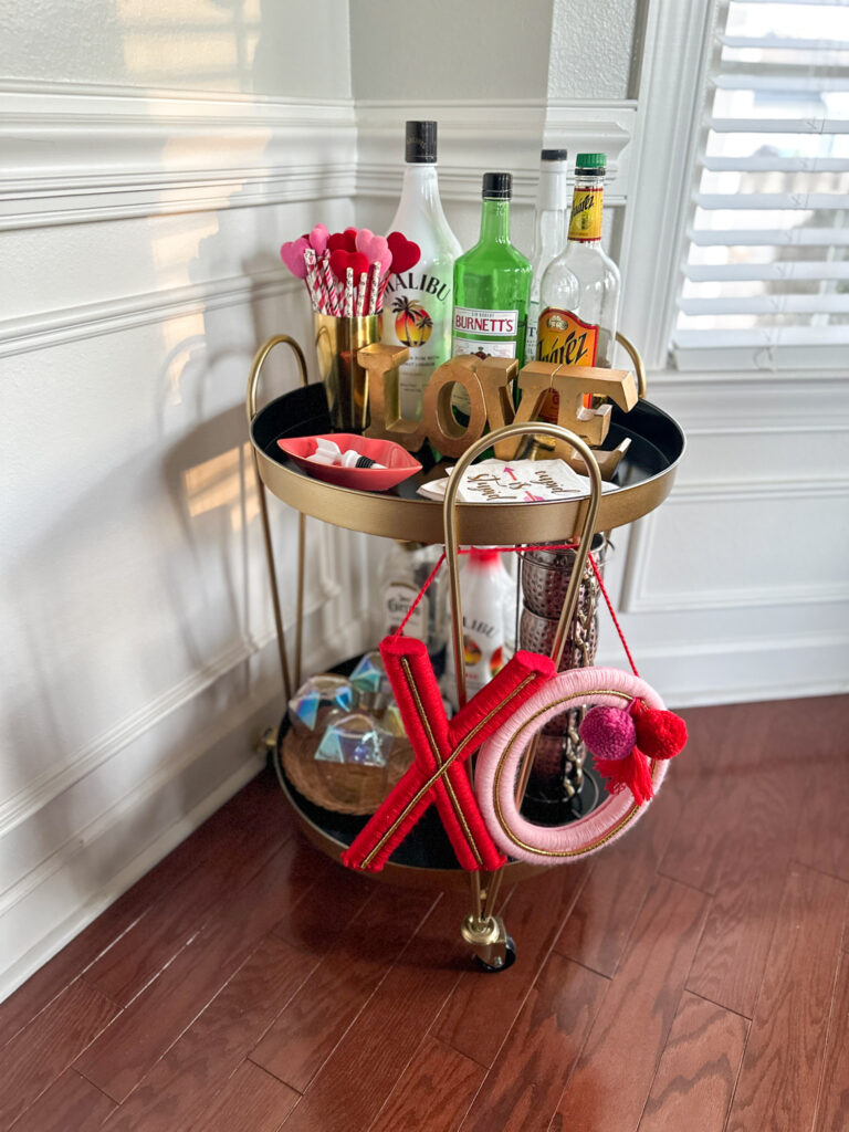 Valentine's Day bar cart on two tier gold drinks trolley
