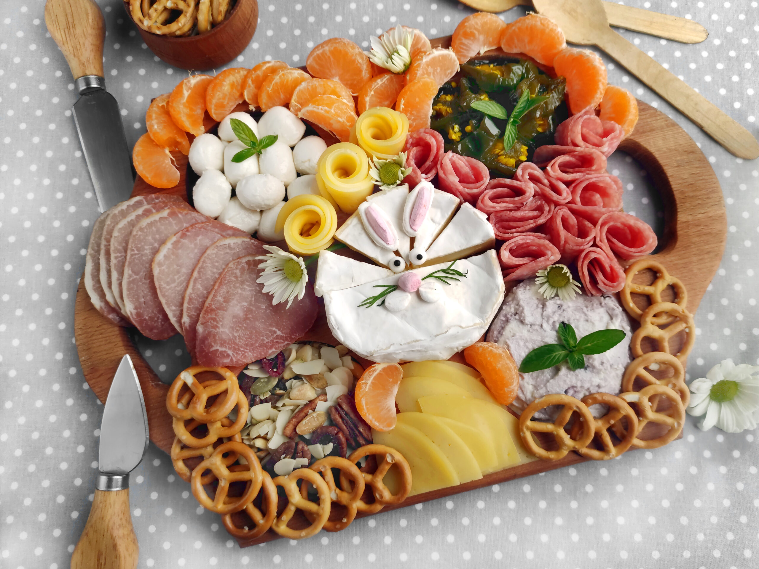 Easter bunny charcuterie on gray backdrop