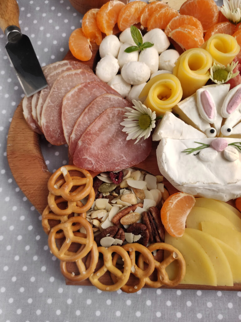 Easter charcuterie board with Camembert cheese bunny