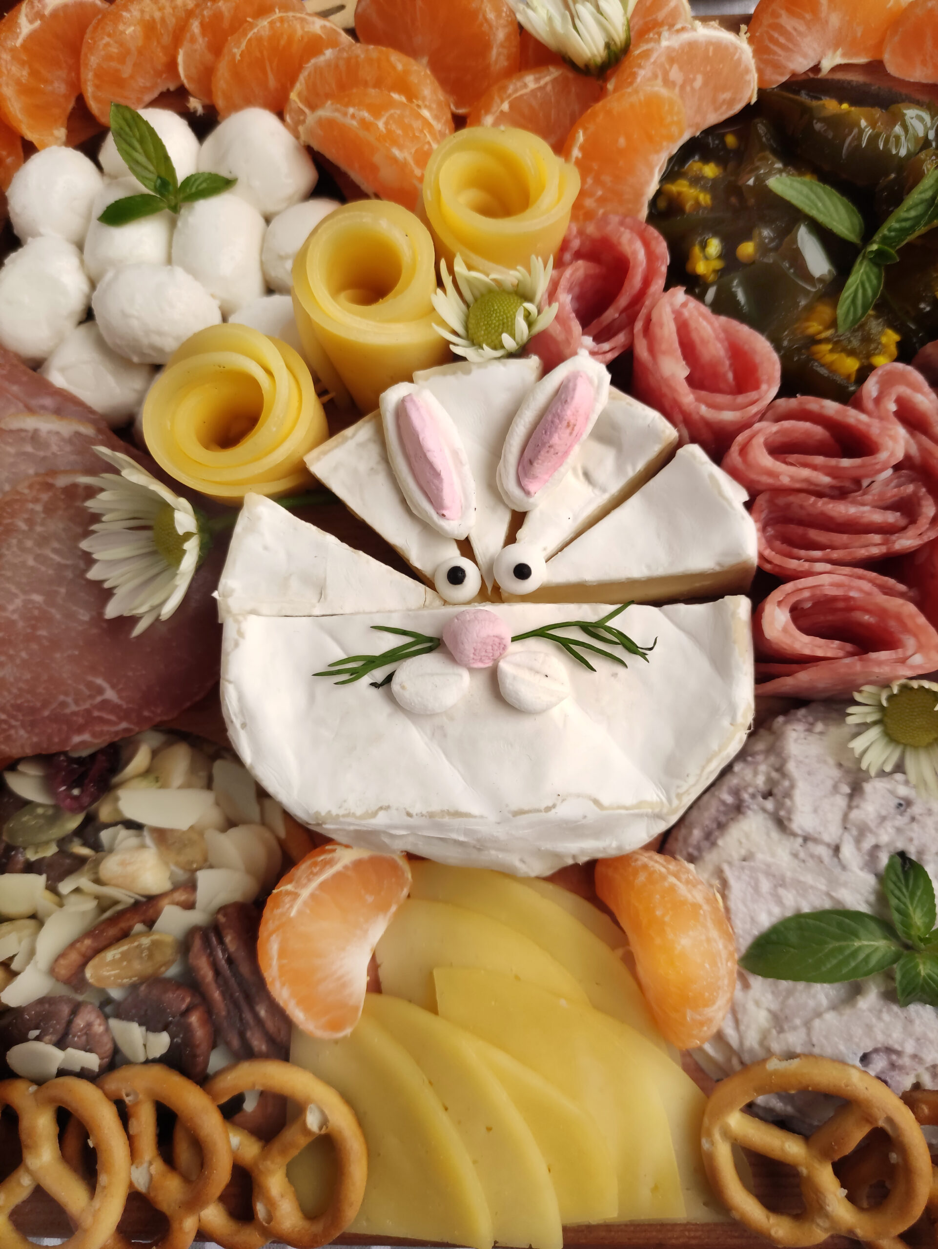 Easter bunny charcuterie board with top down view
