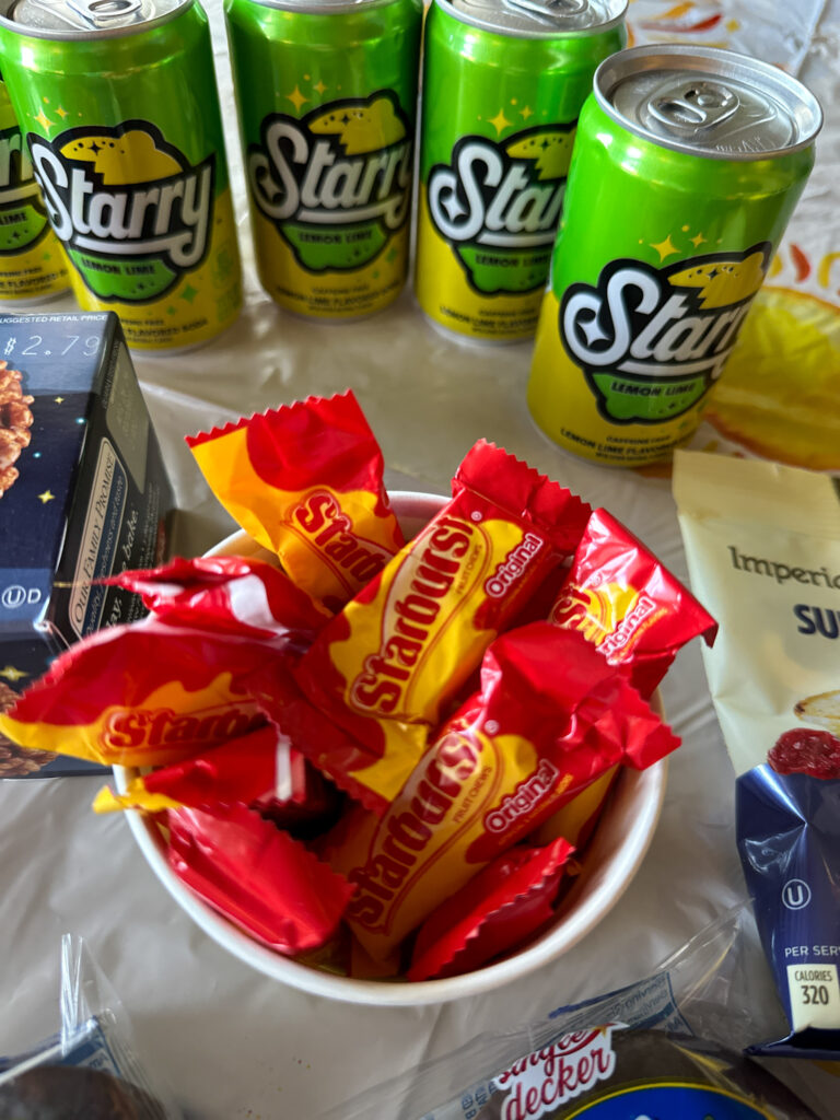 bowl of Starburst, Starry drinks, and more moon and sunshine snacks