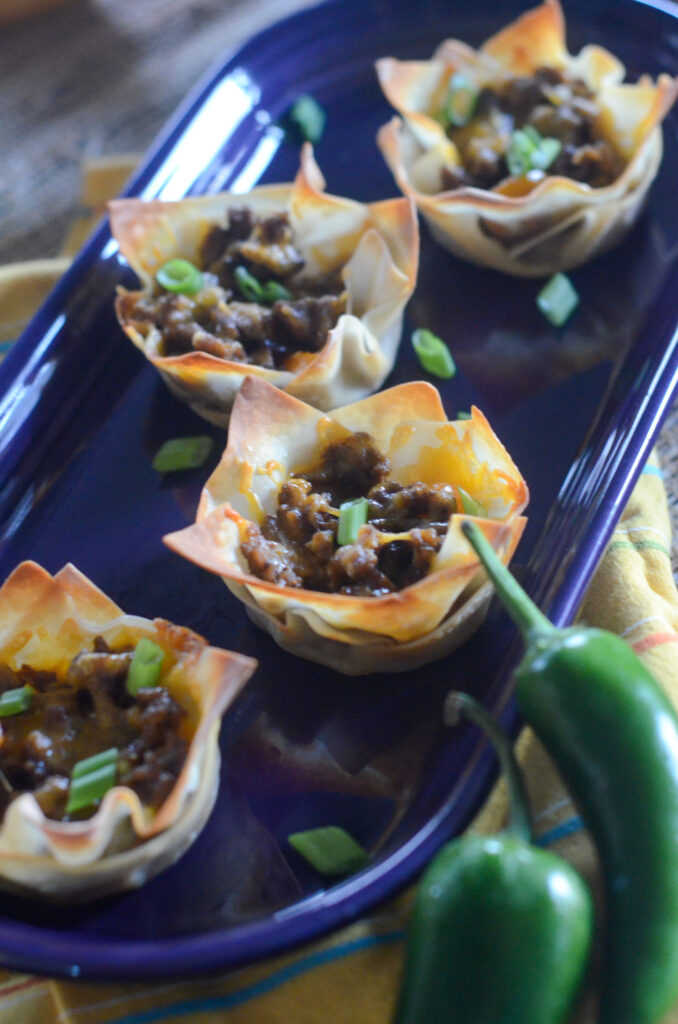 wonton taco bites with green onions on top