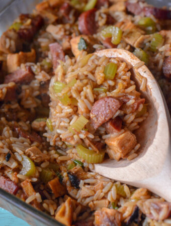 easy and simple oven jambalaya casserole over pan