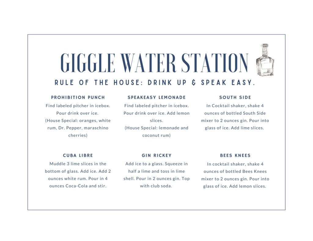 giggle water drink menu for a 1920s party