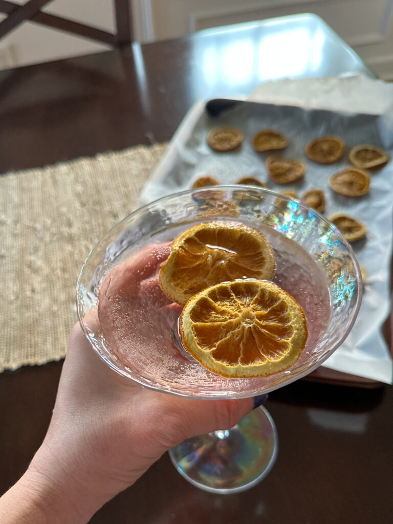 pink lemonade gin cocktail in woman's hand with dehydrated lemons on top
