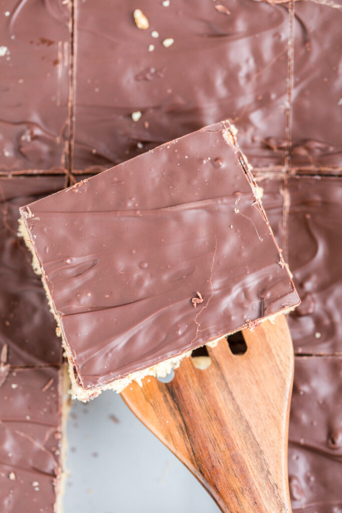 chocolate covered Rice Krispie treat on wooden spatula