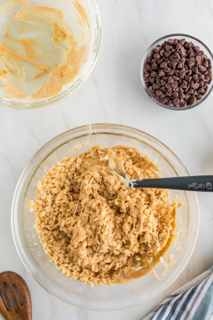 bowl of peanut butter Rice Krispie mixture for chocolate peanut butter Rice Krispie treats