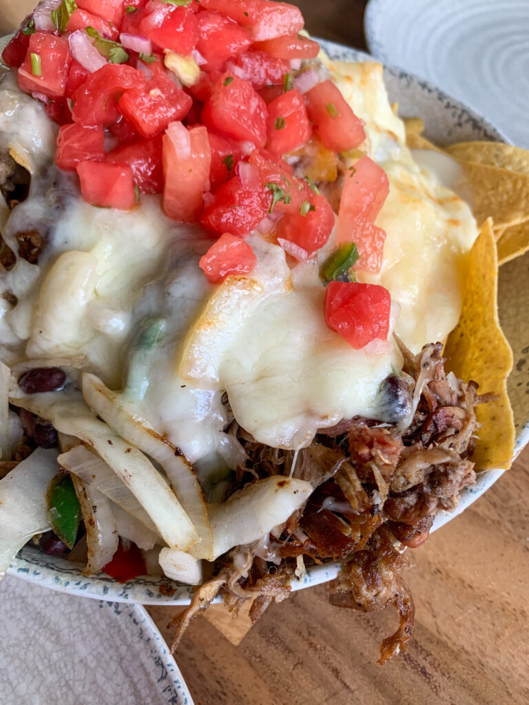 pulled pork nachos with watermelon salsa at Rita's Seaside Grille in Folly Beach