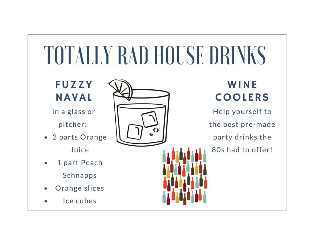 rad 1980s party drink menu with fuzzy naval and wine coolers options