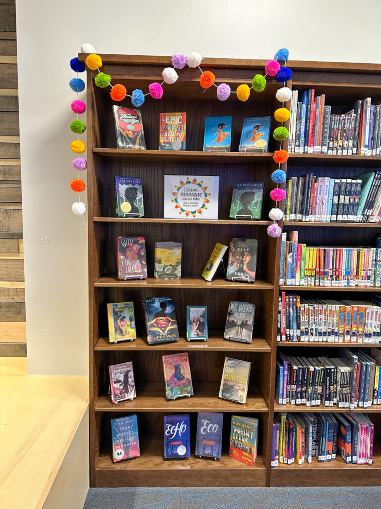 Hispanic Heritage Month book display at a school library